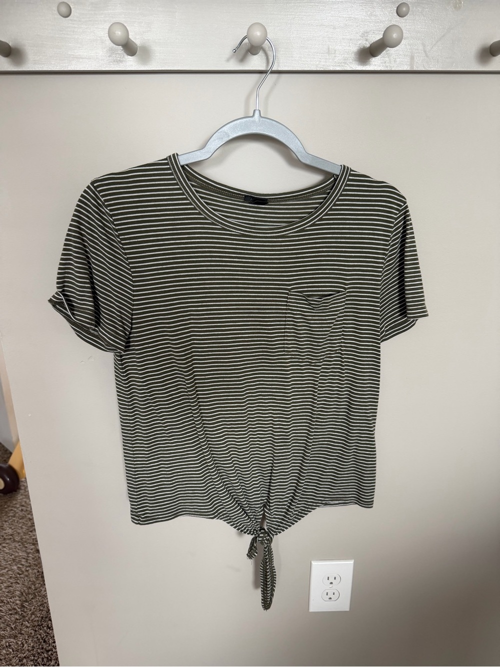 J. Crew Olive and White Striped Tie-Front Short Sleeve Tee